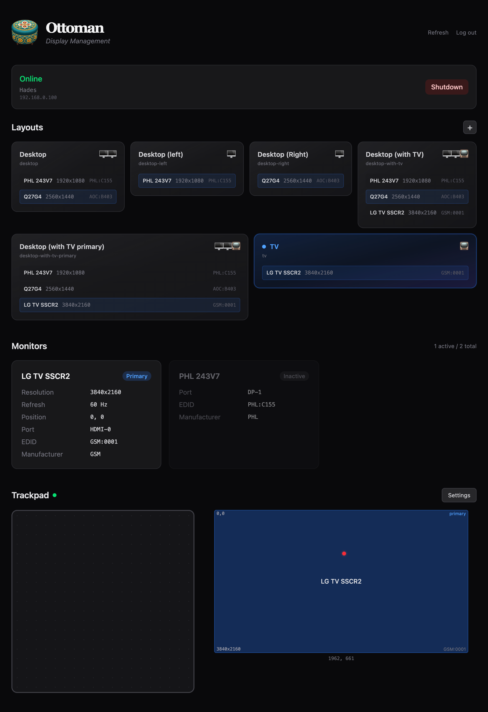Ottoman web interface showing display layouts and monitor management