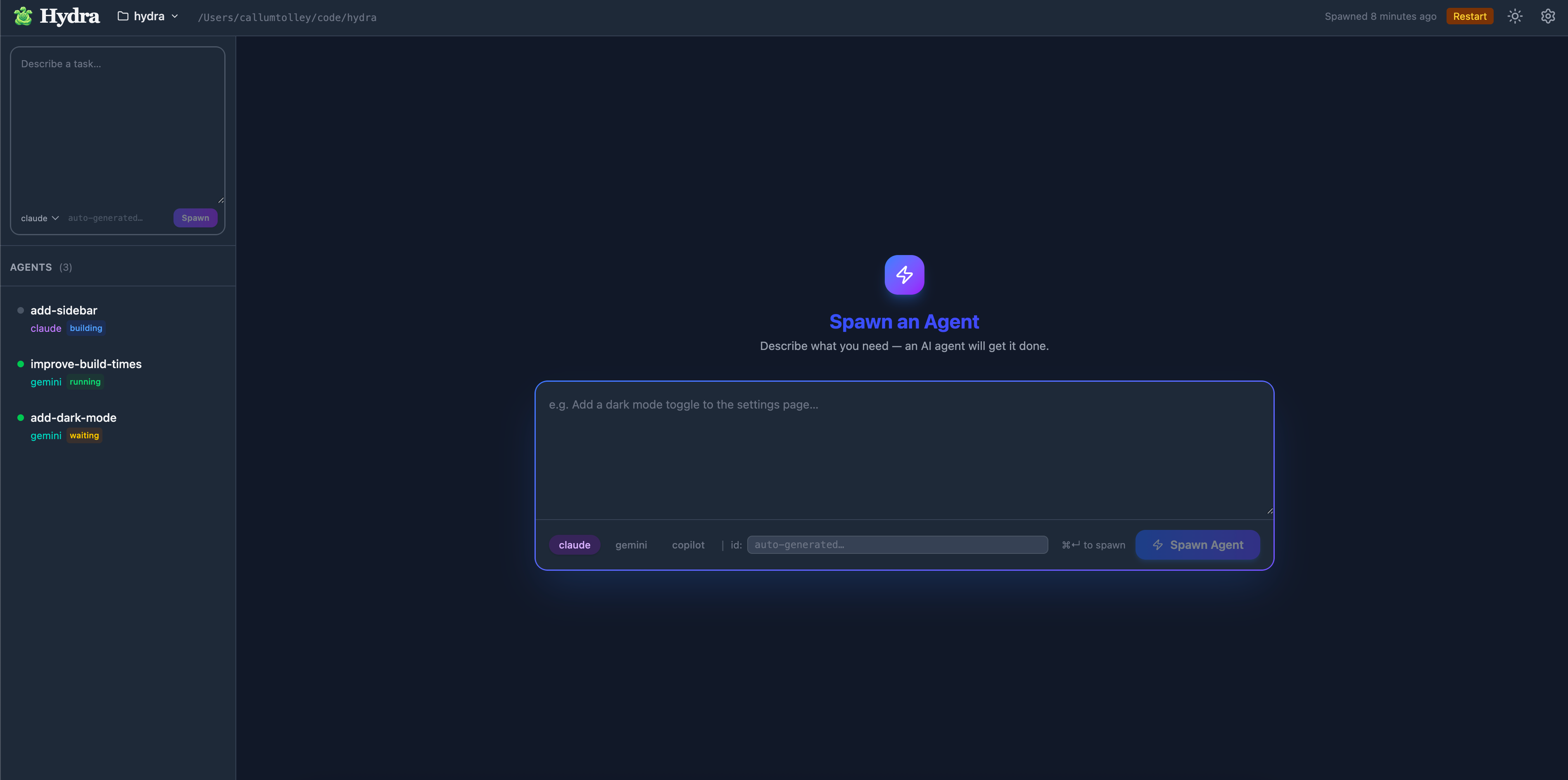 Hydra web interface showing agent management